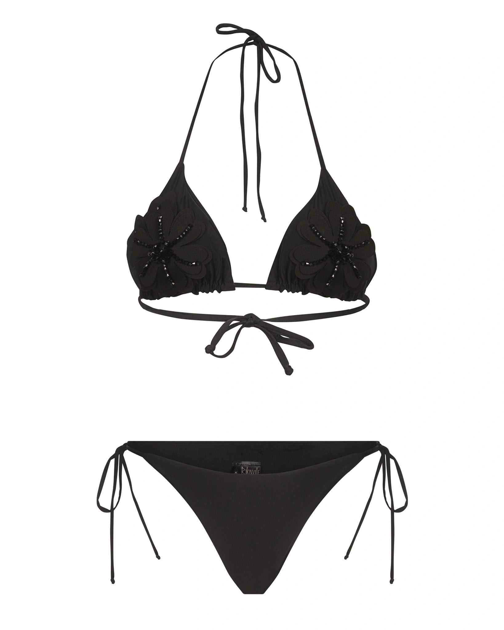 Black Petunia bikini with neoprene floral embroidery and beaded accents, Bikinville luxury swimwear Made in Italy