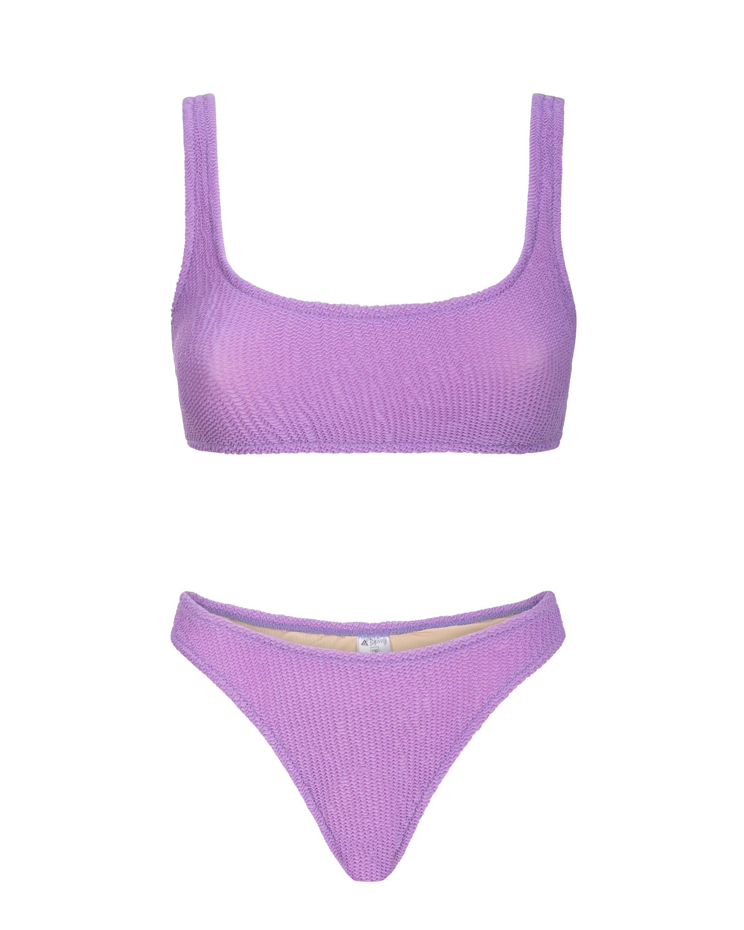 A two-piece bikini set in a textured lavender knit fabric, featuring a scoop-neck triangle top and matching high-cut bottoms, displayed against a solid white background.