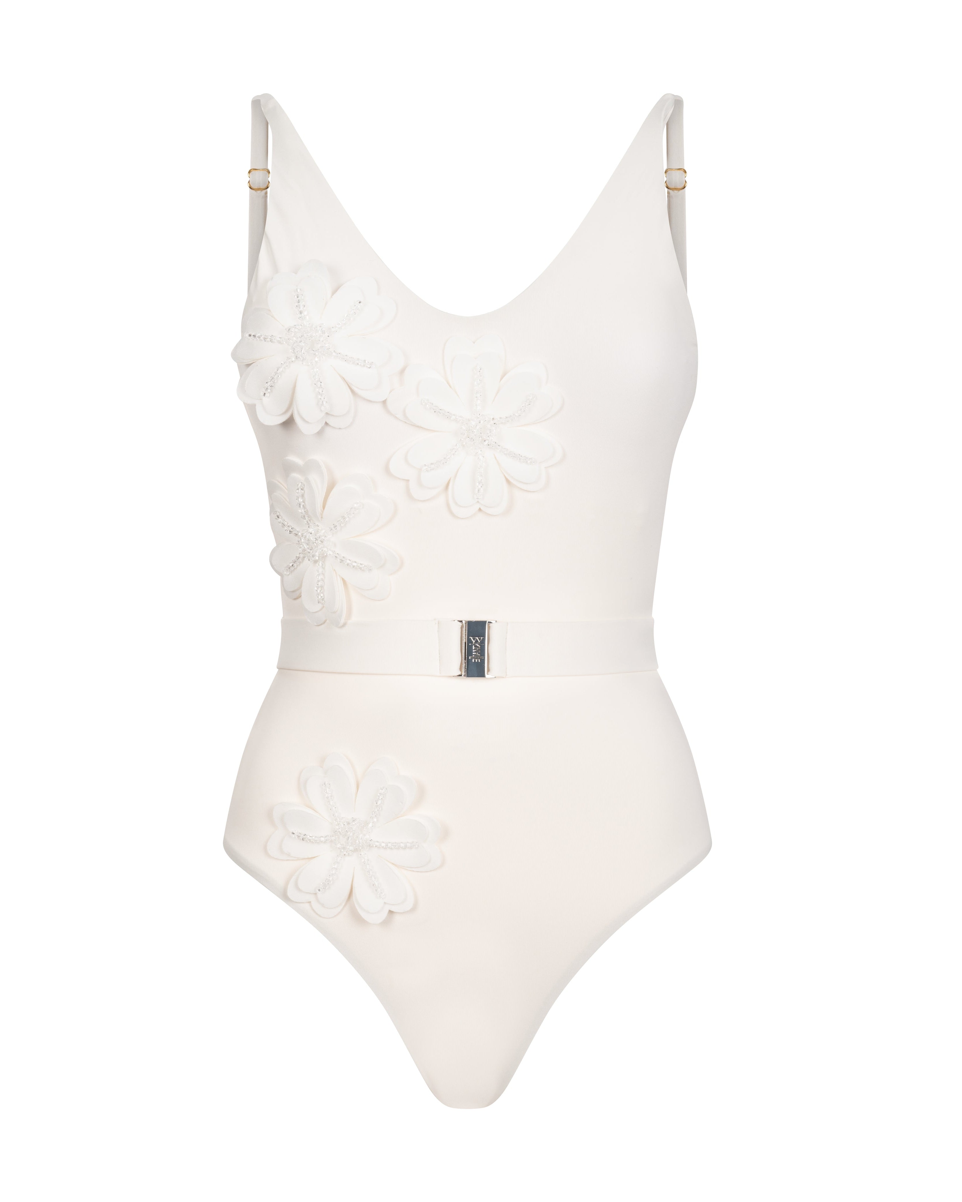 White swimsuit with floral details on a white background