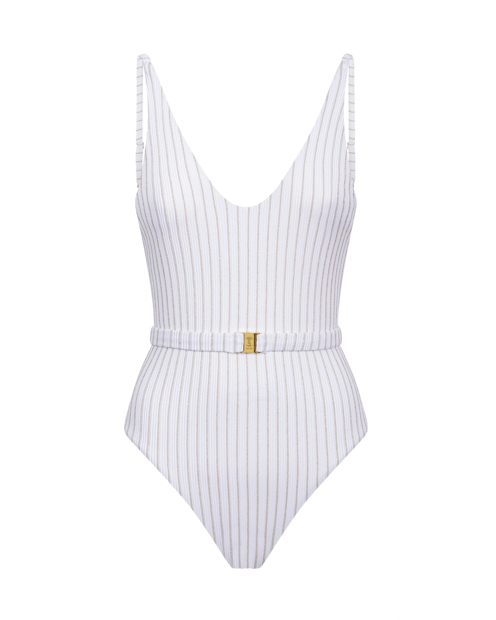 White lurex one-piece swimsuit with golden belt and logo, Bikinville luxury swimwear, Made in Italy