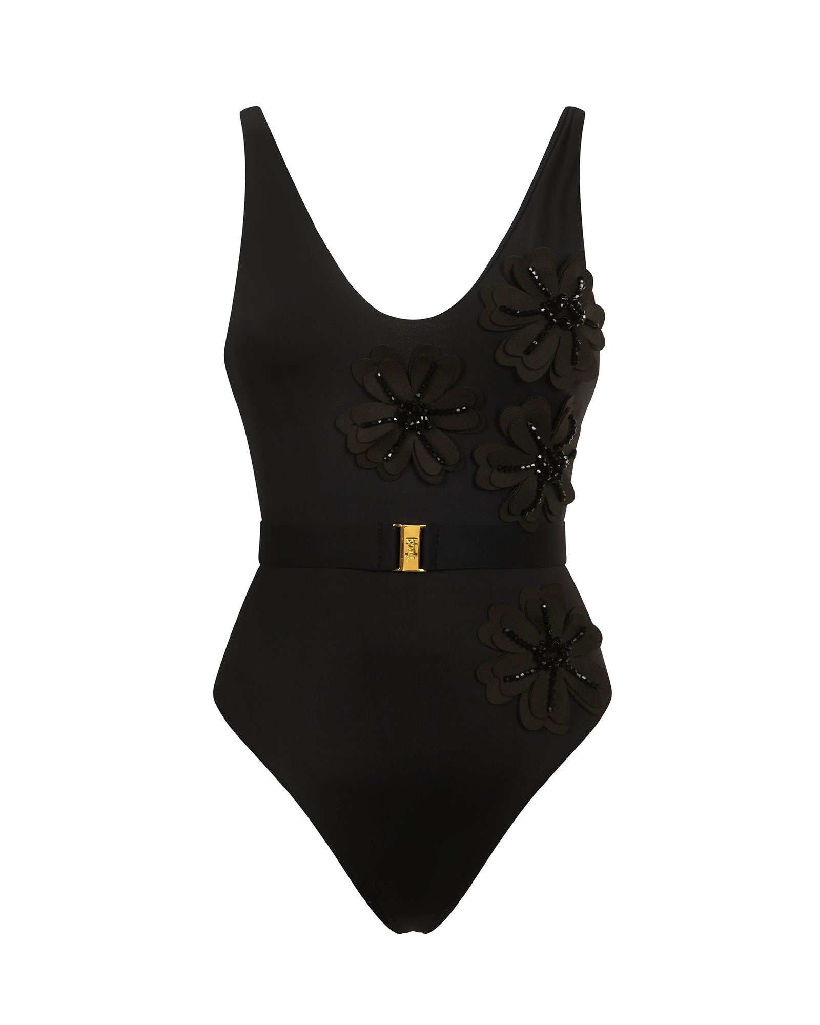 black swimsuit with flowers and belt