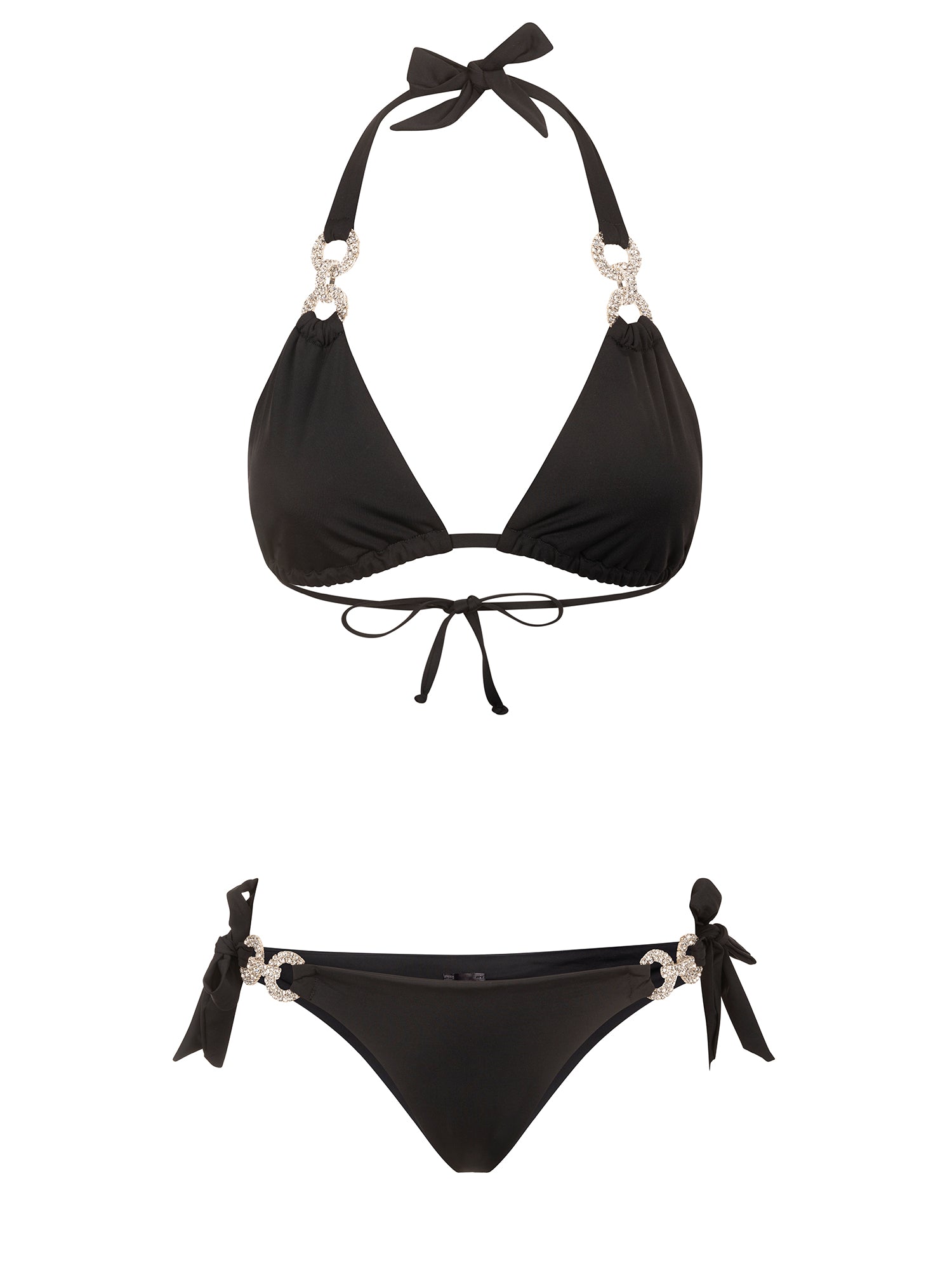 Black bikini set with crystal details on a white background made in Italy Bikinville