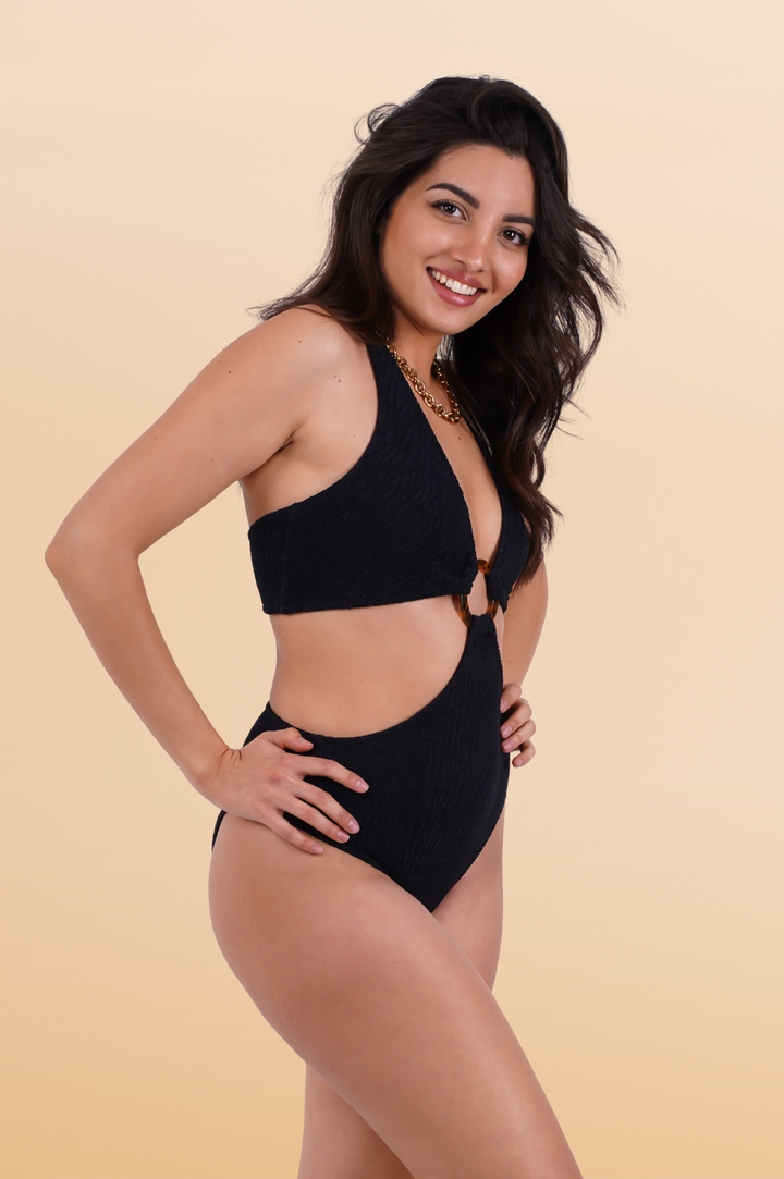 Bikinville one size fits all black swimsuit with a leopard pattern ring